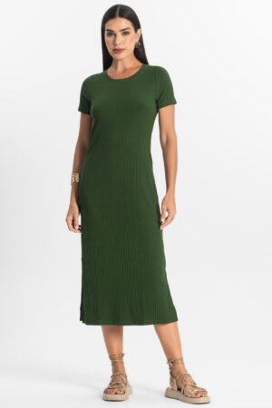 VESTIDO MIDI FEMININO RIBANA CANELADA BAASICO ROVITEX - GG VERDE - 917175