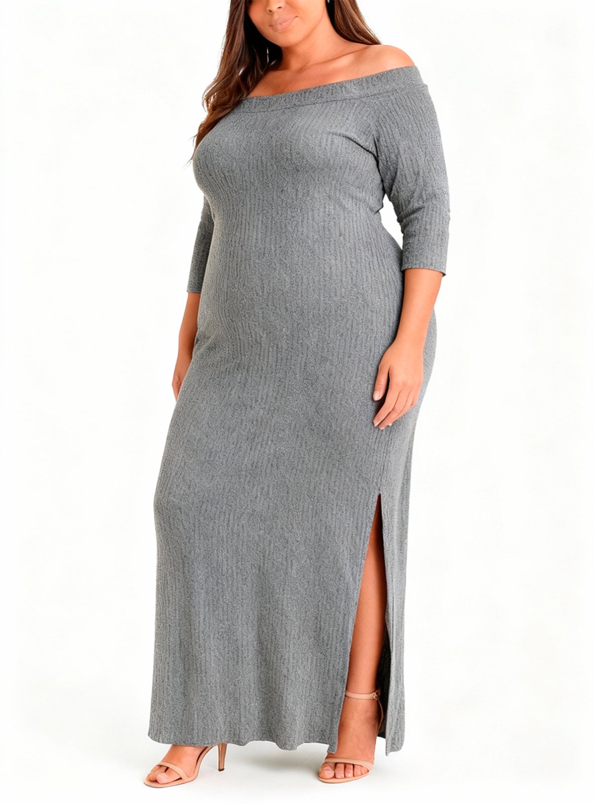 VESTIDO FEMININO PLUS SIZE OMBRO A OMBRO CANELADO ESSENCE ALL CURVES