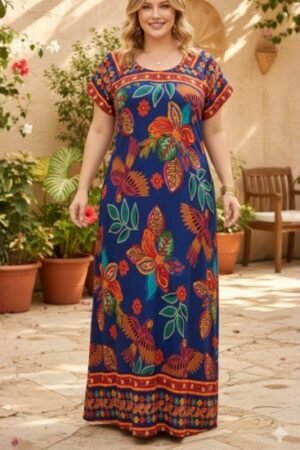 Vestido azul/ araras e flores