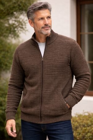 Cardigan Masculino em Tricot com Ziper Frontal e Bolsos