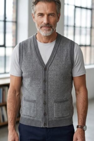 Sueter colete masculino gola V botao colete tricotado sem mangas .,