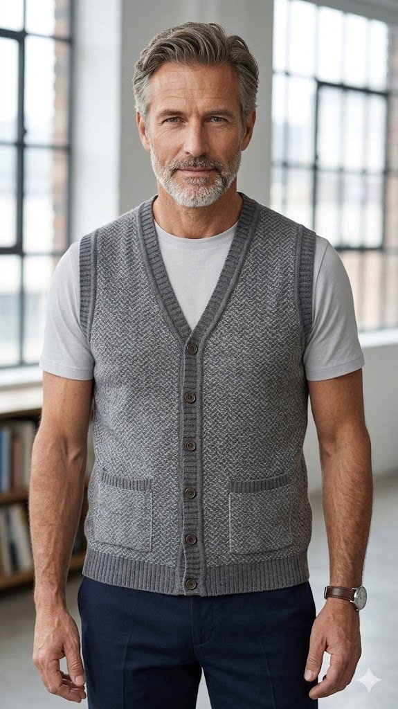 Sueter colete masculino gola V botao colete tricotado sem mangas .,