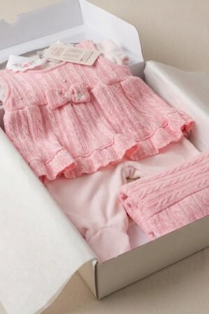 Saida Maternidade Tricot Bebe Menina Vestido Aconchego  Trico Rosa  Gola  Bordada Bebe 2  Pecas Luxo