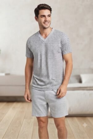 Conjunto Pijama Masculino Adulto - Blusa Estampada e Shorts Lisa